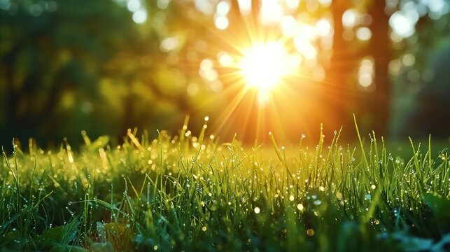 Closeup photo of green grass in the morning. Grass on field with blurred sun on the background.