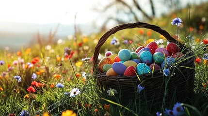 Basket with painted easter eggs. Easter basket on spring field. Colourful easter eggs in a basket. - Powered by Adobe