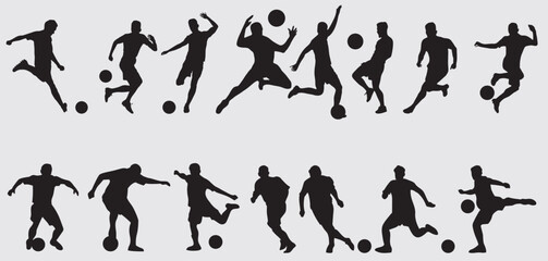 soccer player silhouette illustration. vector set of football players - obrazy, fototapety, plakaty