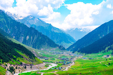 Landscape in the mountains. Panoramic view from the top of Sonmarg, Kashmir valley in the Himalayan region.  meadows, alpine trees, wildflowers and snow on mountain in india. Concept travel nature.