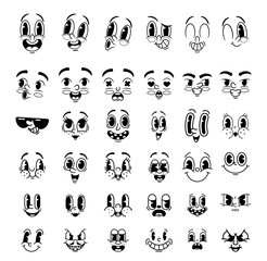 Cartoon Retro Emoji Vector Monochrome Set. Happy, Smile Whistle And Sad, Evil, Bored And Angry. Fall In Love, Smile