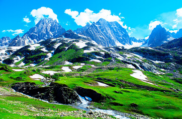 Himalayas Landscape the mountains view from the top of Sonmarg, Kashmir valley in the Himalayan region Nepal. Meadows, alpine trees, Wildflowers and snow on mountain. Asian travel and nature in India.