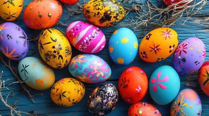 Fototapeta na wymiar Beautiful colorful easter eggs on blue wooden table. Top view image of painted easter eggs.