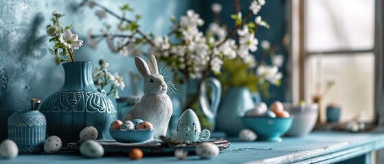 Eater decorations in house interior. Easter decor on tabletop. Happy easter decoration.