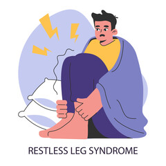 Restless legs syndrome or RLS. Nighttime problem. Insomniac man with unsettling twitching feet or lower limbs. Anxiety and neurosis, sleep disorder. Flat vector illustration.