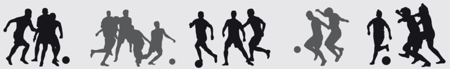 Soccer players, group of footballers. Set of isolated vector silhouettes. Team sport