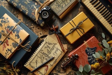 A top view of a music-themed gift package, adorned with musical notes and instruments, perfect for...