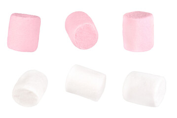 Set of white and pink marshmallows isolated on a transparent background.