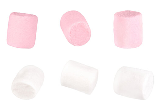 Set of white and pink marshmallows isolated on a transparent background.