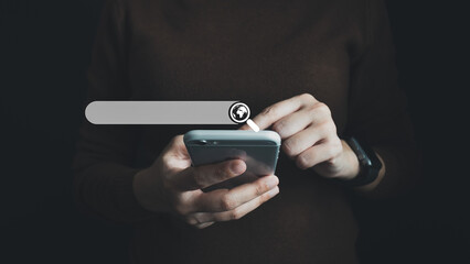 SEO Search engine optimization, Search technology, client using a finger point to search for information, using website search bar to find data, information or shopping online.