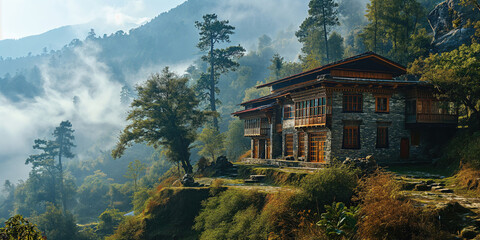 vintage asian style village house in misty mountainous area