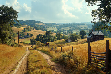 beautiful rural landscape with old huts and barns - obrazy, fototapety, plakaty