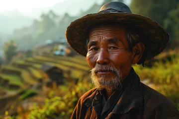 Tuinposter asian rural man in folk clothes against the background of a valley with agricultural terraces © Evgeny