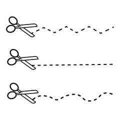 Set of scissors with cut lines. Black scissors cutting. Vector illustration. EPS 10. - obrazy, fototapety, plakaty