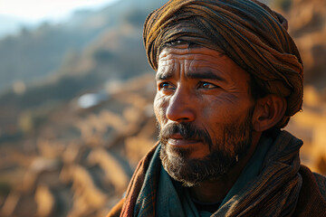 arabian rural man in national clothes against the background of a valley with agricultural terraces - obrazy, fototapety, plakaty