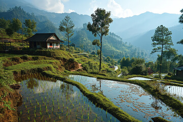 Fototapeta na wymiar rural landscape with rice fields on mountain slopes