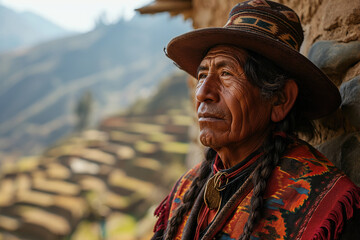 elderly peruvian villager in national clothes - obrazy, fototapety, plakaty