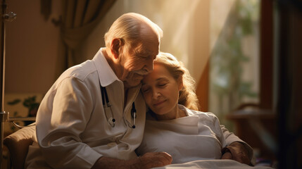 Senior doctor in white coat embraces senior woman patient on a bed in the background of hospital room with bright warm lighting. Patient care. Medical services in a clinic. Devotion in a relationship