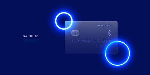 Digital transparent credit card with glass morphism effect and neon rings design elements. Plastic or glass bank card on technological blue background. Online banking concept. Vector illustration.