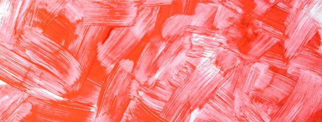 Abstract art background bright red and white colors. Watercolor painting on canvas with strokes and...