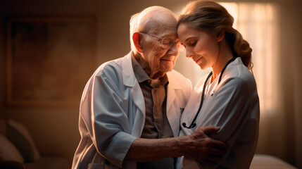 A nurse caregiver tenderly embraces an elderly male patient against the backdrop of a cozy room with warm light in an intimate setting. Intergenerational relationship. Elderly care