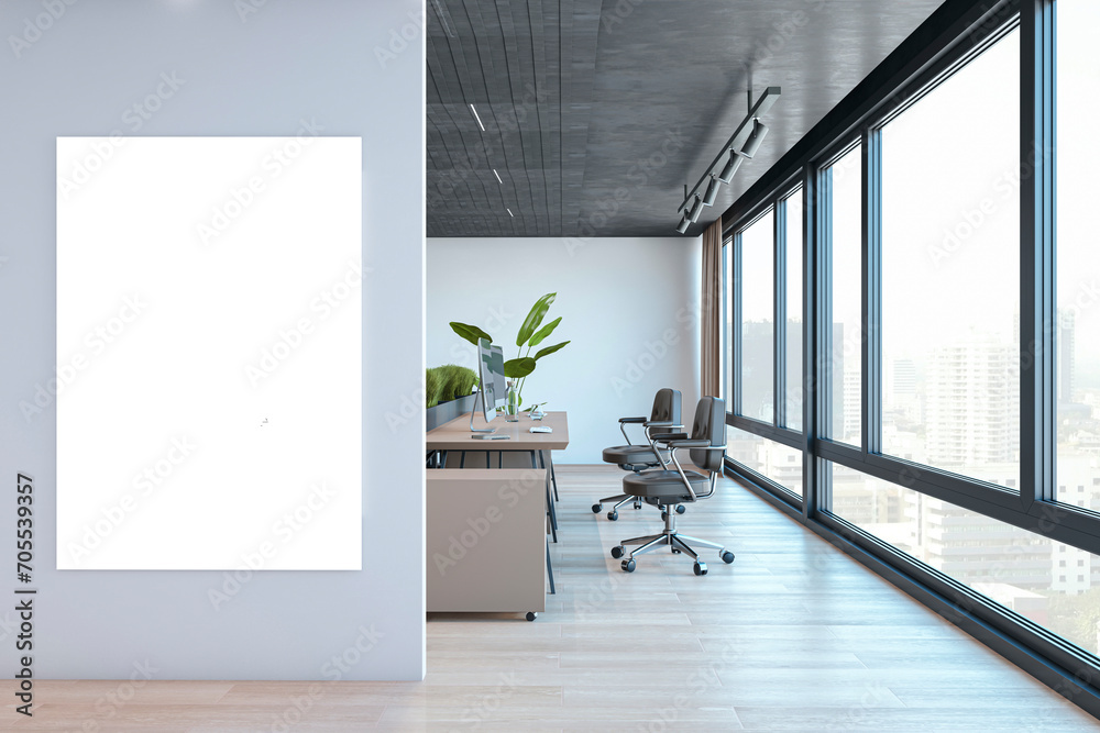 Poster modern concrete and wooden office interior with empty white mock up frame, furniture and daylight, w