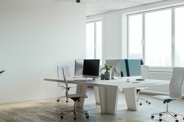 Contemporary bright office interior with wooden flooring, furniture and daylight, window and city view. 3D Rendering.