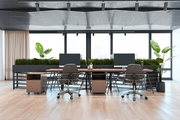 Light concrete and wooden office interior with furniture and daylight, window and city view. 3D Rendering.
