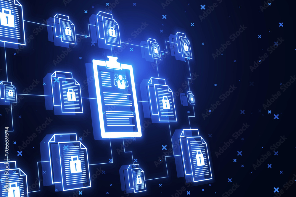 Poster Creative digital chain of documents on blurry background. Security, data, login and e-signature concept. 3D Rendering.