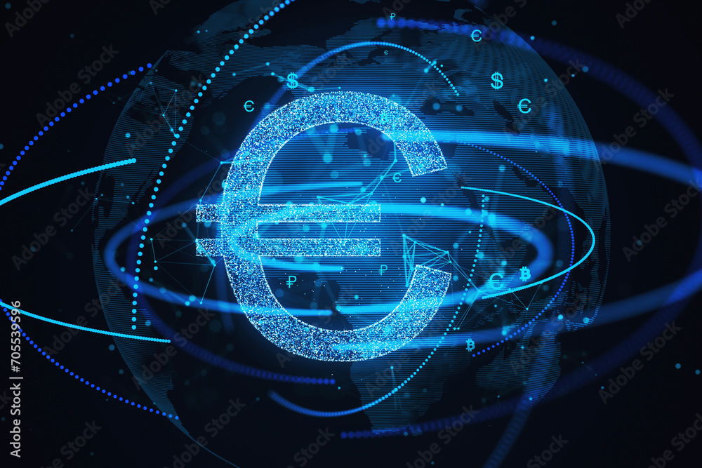 Poster glowing euro icon with global financial network background. economy and digital currency concept. 3d