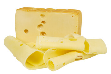 Big piece of perforated cheese. Sliced cheese with small slices.