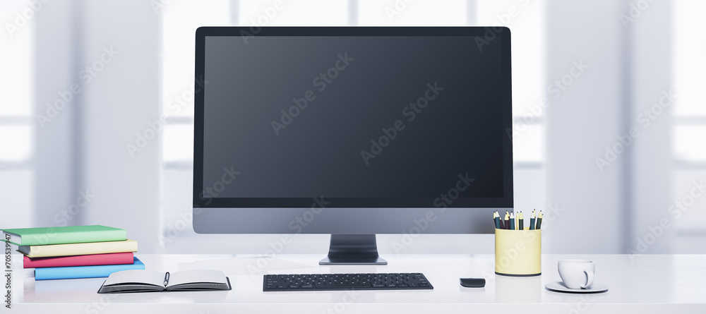 Aufkleber Clean designer desktop with computer monitor, coffee cup, supplies, other objects and window with city view in the background. Mock up, 3D Rendering.