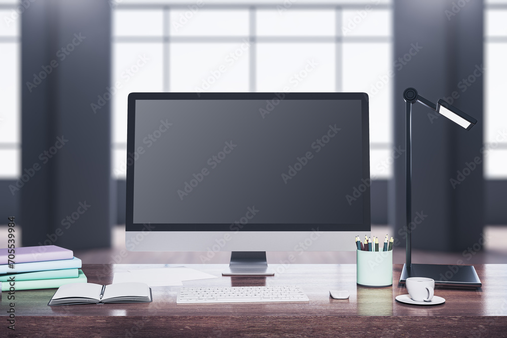 Fototapete modern wooden designer desktop with computer monitor, coffee cup, supplies, other objects and window