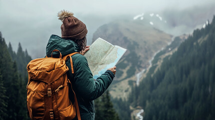 Hikers with map in misty mountain scenery.