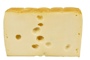 Perforated yellow cheese. Big piece of cheese.