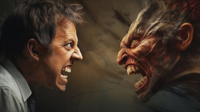 Man in a face-off with a menacing demon.
