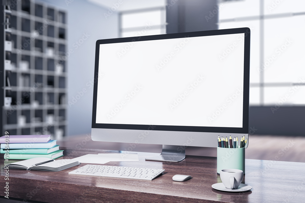 Poster contemporary wooden designer desktop with white computer monitor, coffee cup, supplies, other object