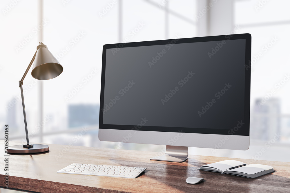 Aufkleber Contemporary designer table with computer monitor, coffee cup, supplies, other objects and window with city view in the background. Mock up, 3D Rendering.