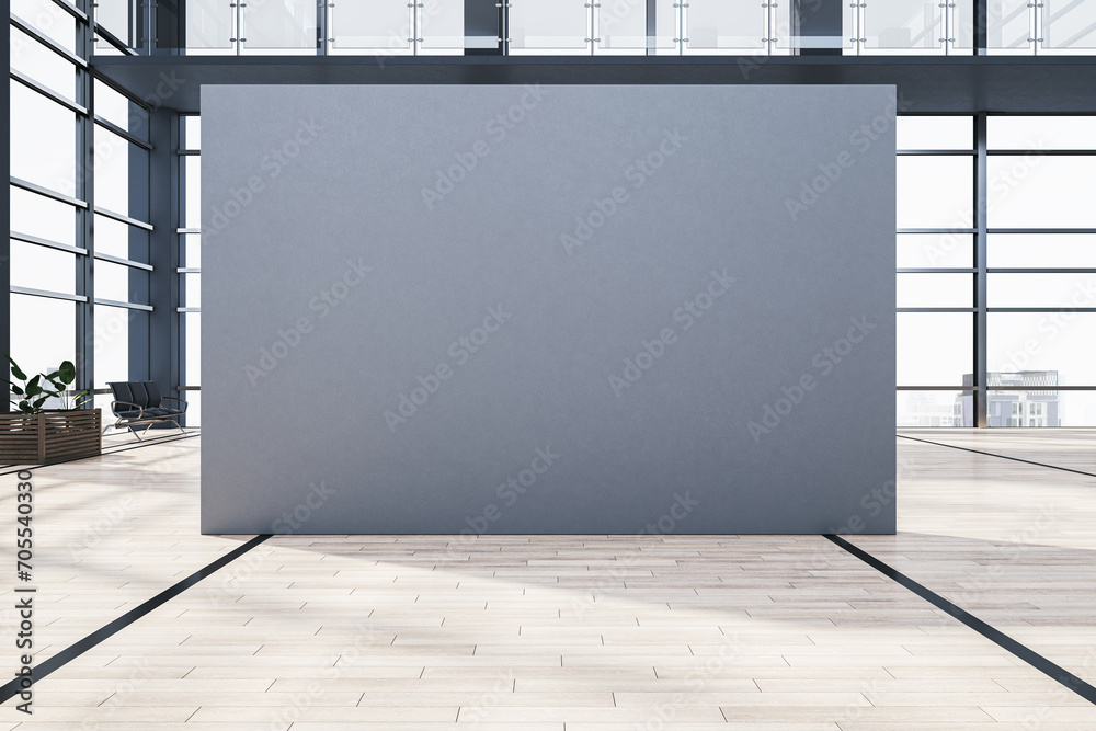 Poster modern airport waiting area interior with empty mock up frame, panoramic windows and city view, chai