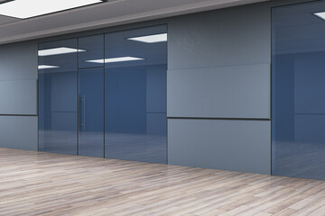 Modern corridor interior with blank mock up place on wall, glass doors and wooden flooring. 3D Rendering.