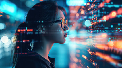 A young woman in glasses gazing at data lights.