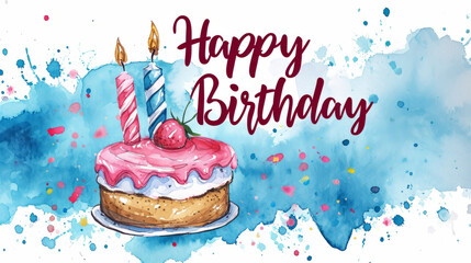 Greeting card or wallpaper illustration , Happy Birthday written in decorative style text, a child birthday cake, watercolor and ink design