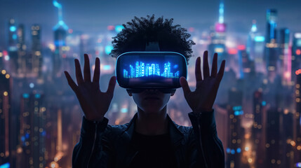 Person wearing a VR headset in city.