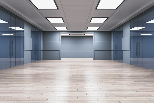 Contemporary corridor interior with glass doors and wooden flooring. 3D Rendering.