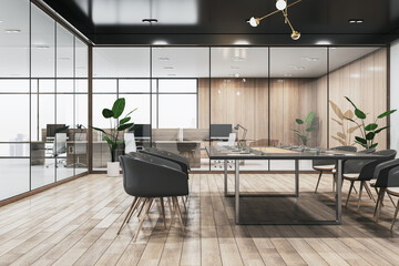 Clean wooden, concrete and glass meeting room interior with furniture and partitions. Workplace concept. 3D Rendering. - obrazy, fototapety, plakaty