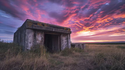 Obraz premium The remnants of an abandoned concrete bunker at sunset.