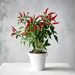The potted red chili peppers bear fruit
