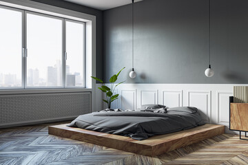 Contemporary bedroom interior with window and city view. Hotel designs concept. 3D Rendering.
