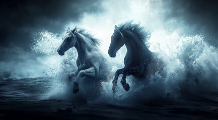 two horses, one white and one black, running through water with a powerful splash, all set against a dark, moody background