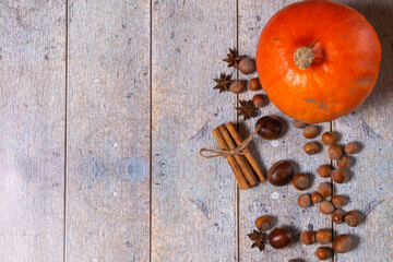 Autumn flatlay with orange pumpkin, chestnuts, star anise, cinnamon and cobnuts on a white wooden...